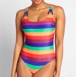 Modcloth rainbow striped one piece swimsuit large